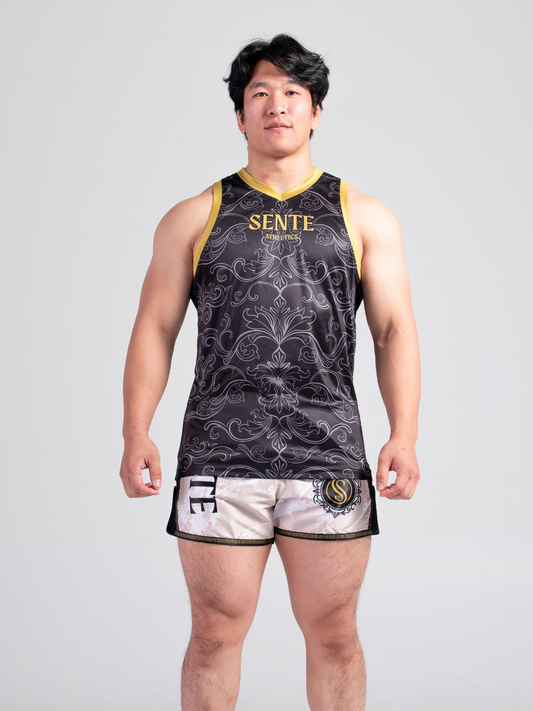 Dynasty Muay Thai Set - Black Gold jersey and Ivory beige shorts, product image by Sente Athletics
