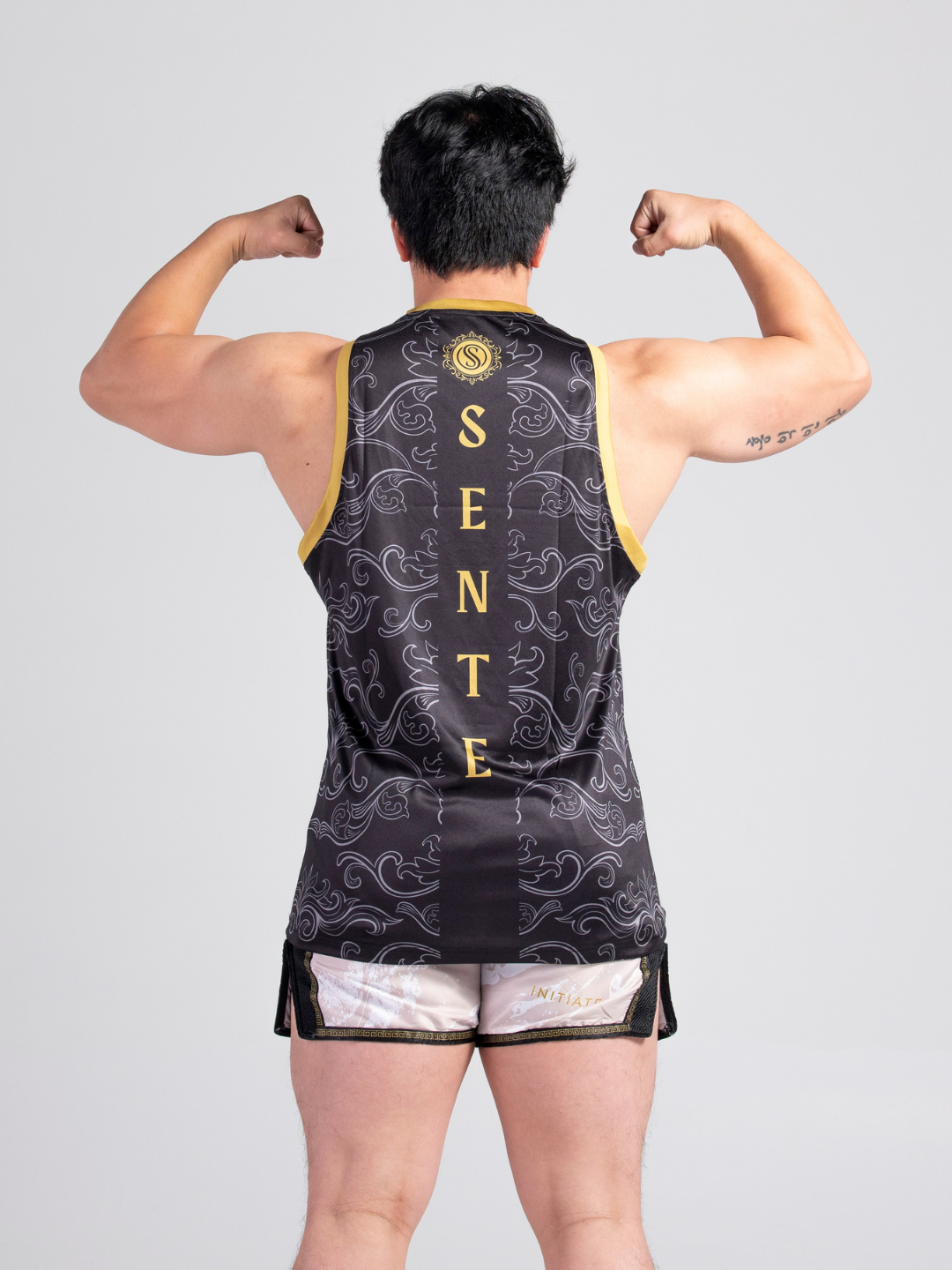 Dynasty Muay Thai Set - Black Gold jersey and Ivory beige shorts, product image by Sente Athletics